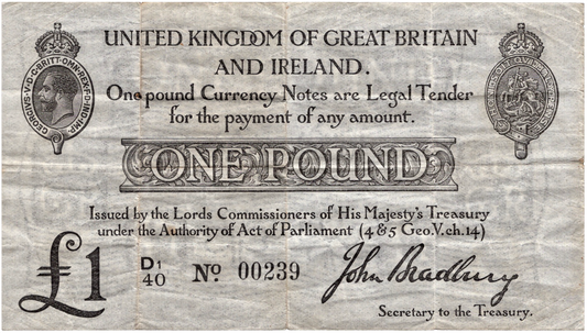 ENGLAND P.349a T11.2 1914 HM Treasury Bradbury £1 GF