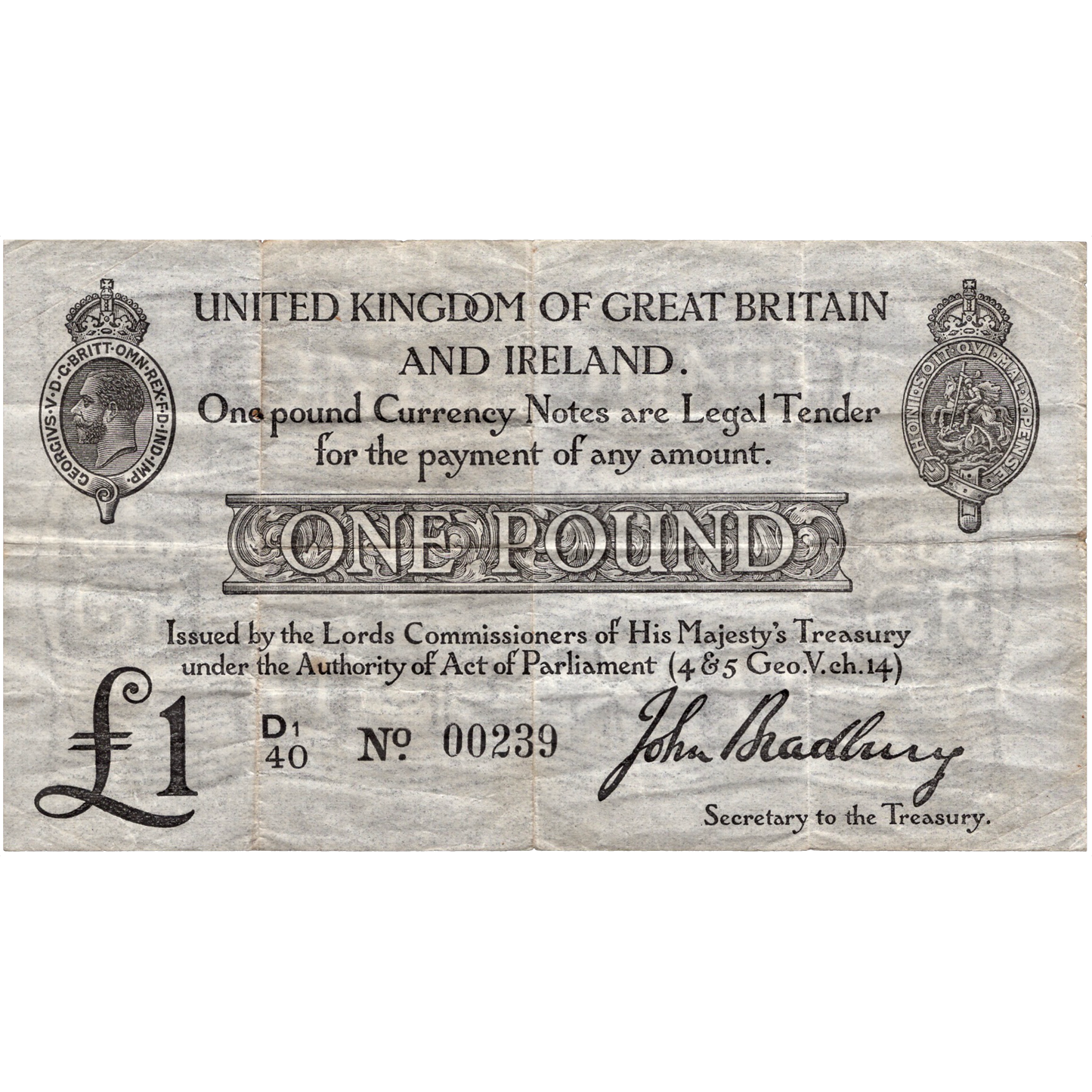 ENGLAND P.349a T11.2 1914 HM Treasury Bradbury £1 GF