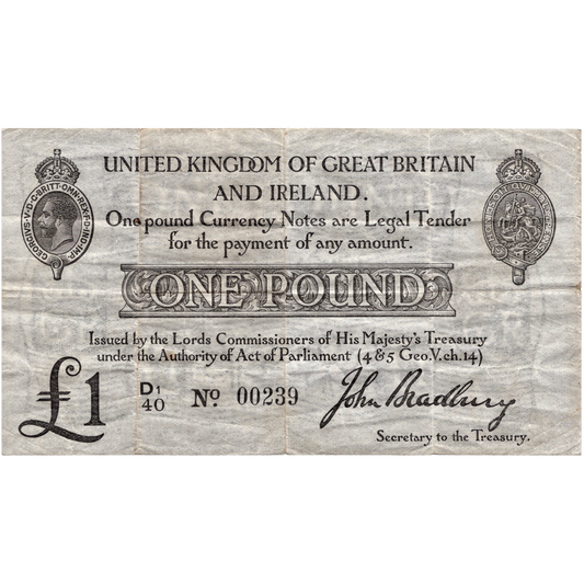 ENGLAND P.349a T11.2 1914 HM Treasury Bradbury £1 GF