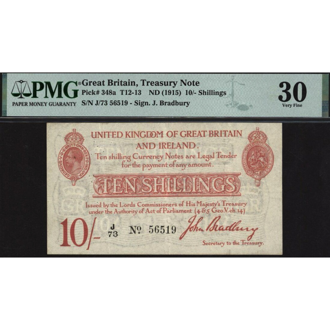 ENGLAND P.348a T12.1 1915 HM Treasury Bradbury 10s VF 30