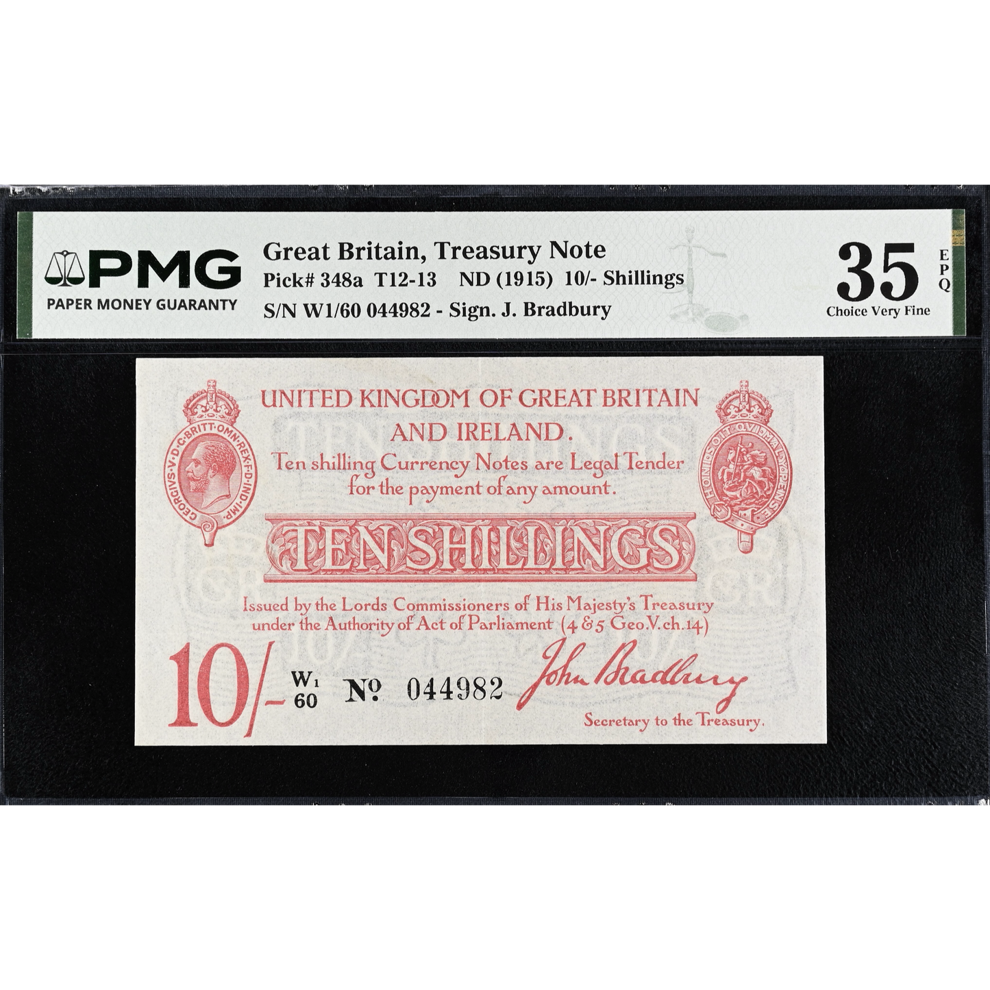 ENGLAND P.348a T13.2 1915 HM Treasury Bradbury 10s W1/60 Choice VF 35 EPQ