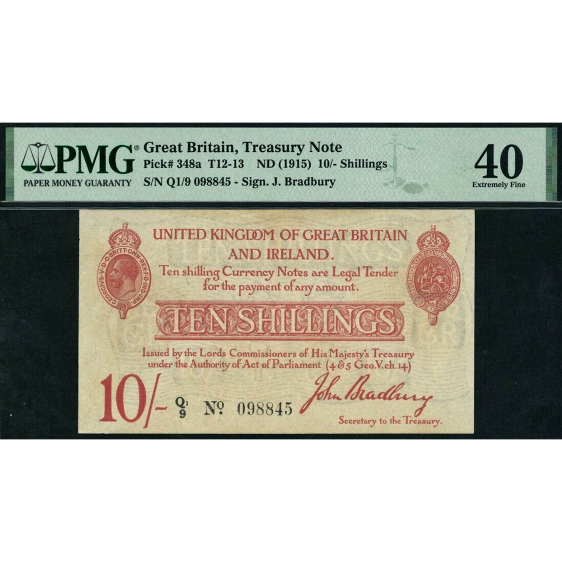 ENGLAND P.348a T13.2 1915 HM Treasury Bradbury 10s EF 40
