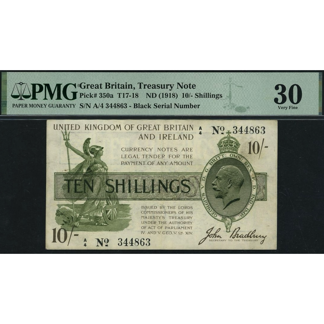 ENGLAND P.350 T18 HM Treasury 1918 Bradbury 10s VF30
