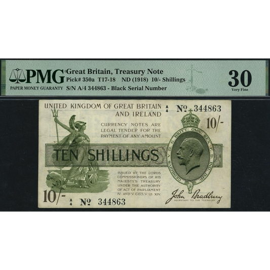 ENGLAND P.350 T18 HM Treasury 1918 Bradbury 10s VF30