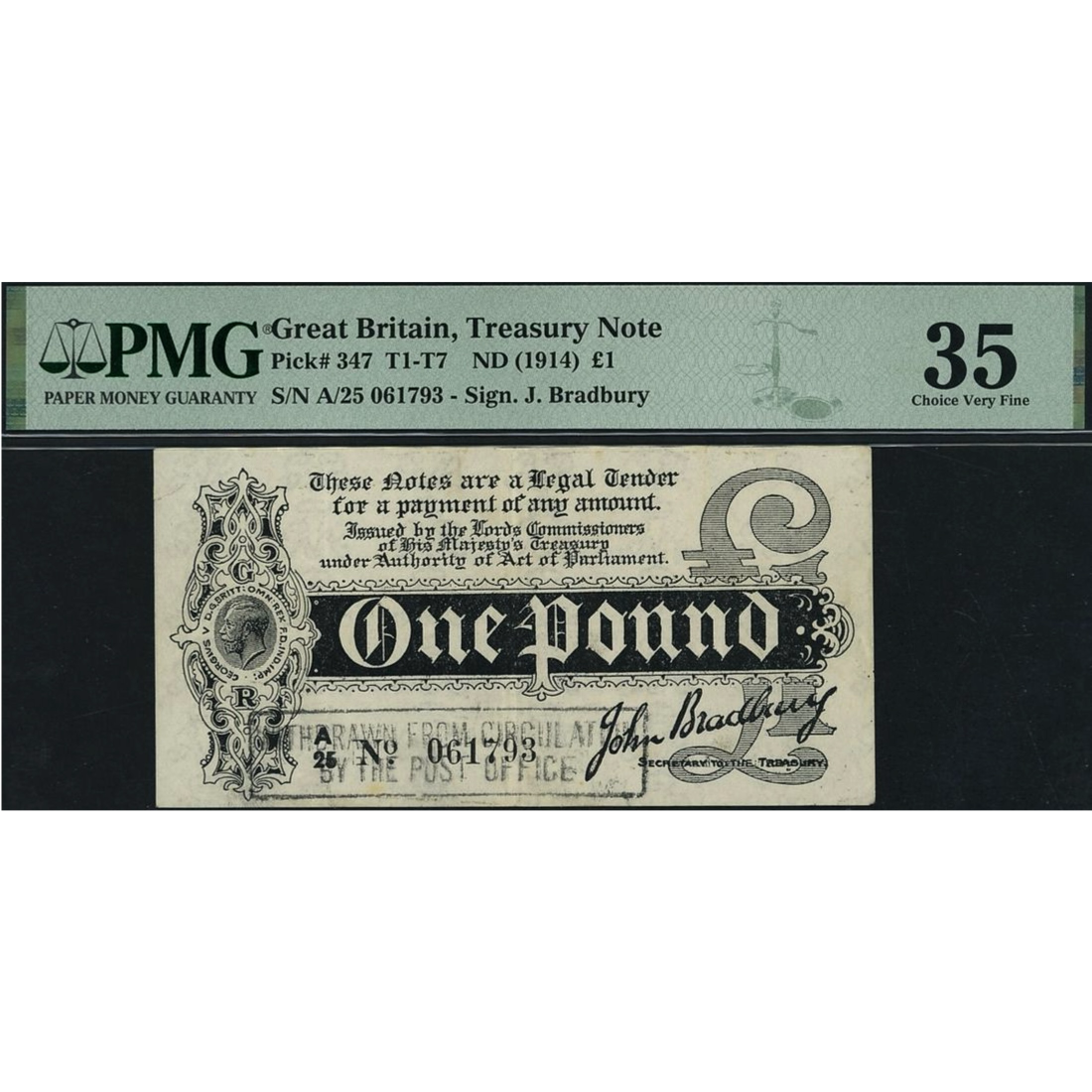 ENGLAND P.347 T3.3 1914 HM Treasury Bradbury First issue £1 Choice VF 35