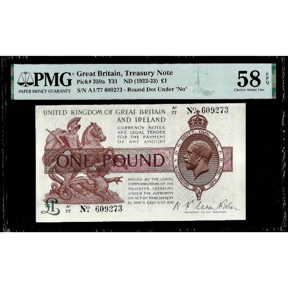 P.359a T31.1 1923 HM Treasury Fisher £1 Choice AUNC58 EPQ