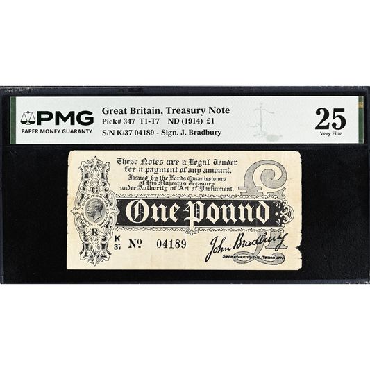 ENGLAND P.347 T4.2 1914 HM Treasury 1914 Bradbury £1 K/37 VF 25