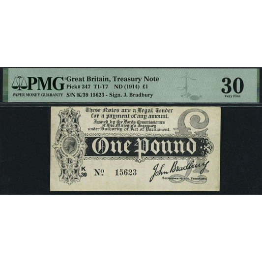 ENGLAND P.347 T4.2 1914 HM Treasury 1914 Bradbury £1 VF30
