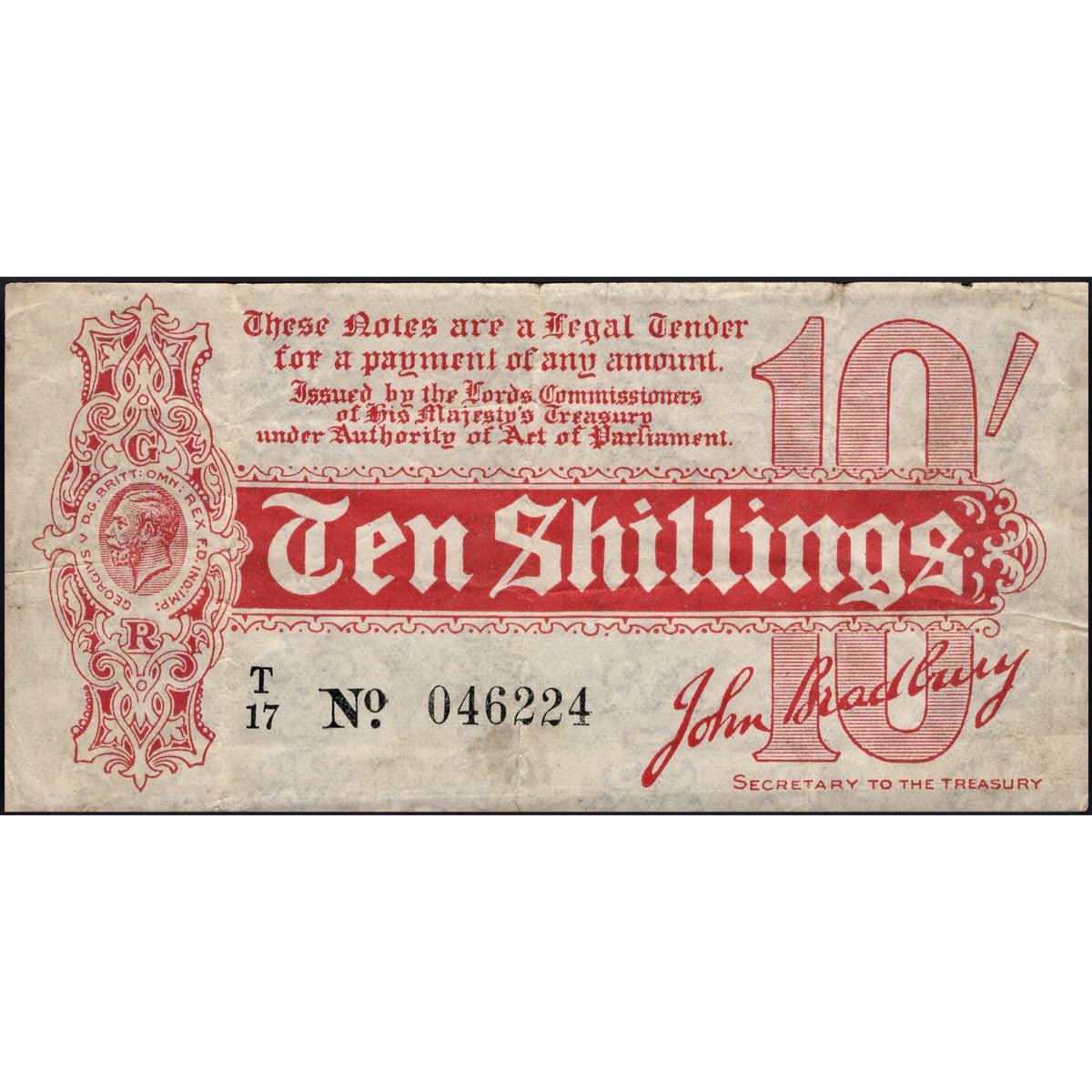 ENGLAND P.346 T8 1914 HM Treasury Bradbury 10s T/17 VF Scarce