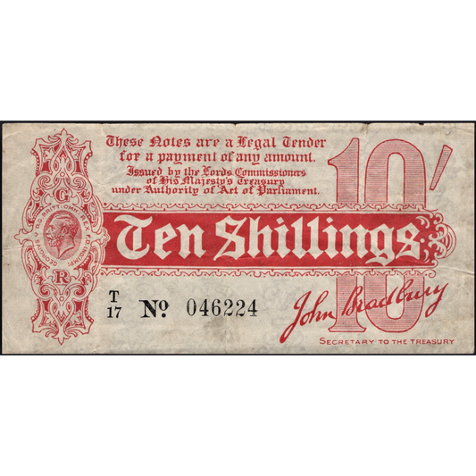 ENGLAND P.346 T8 1914 HM Treasury Bradbury 10s T/17 VF Scarce
