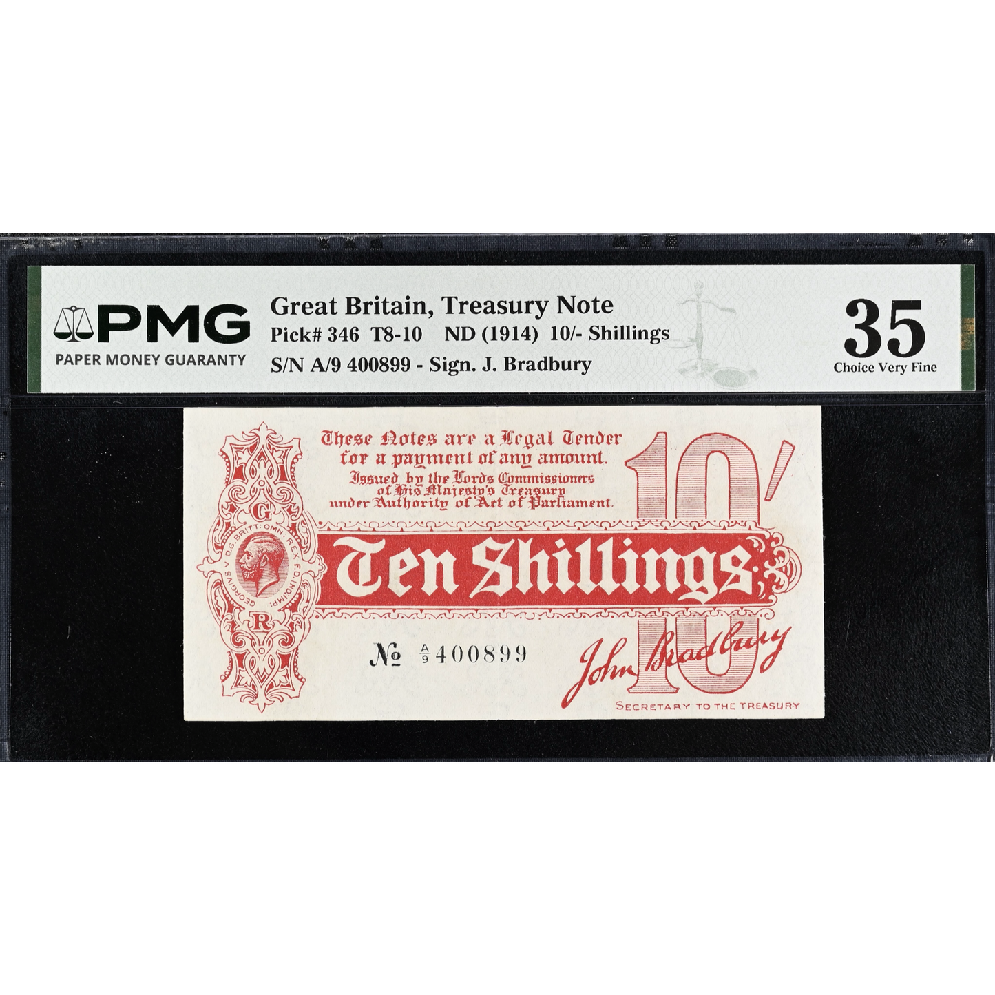 ENGLAND P.346 T9 1914 HM Treasury 1914 Bradbury 10s A/9 Choice VF 35