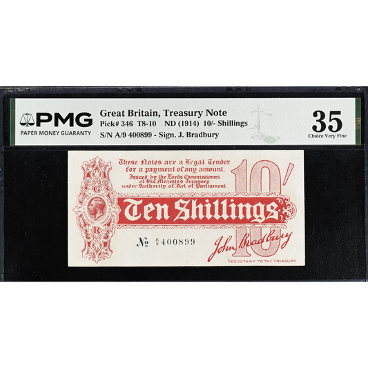 ENGLAND P.346 T9 1914 HM Treasury 1914 Bradbury 10s A/9 Choice VF 35