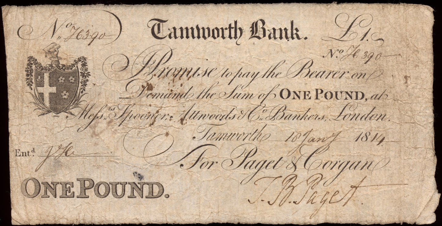 Tamworth Bank 1814 £1 banknote Outing 2130a