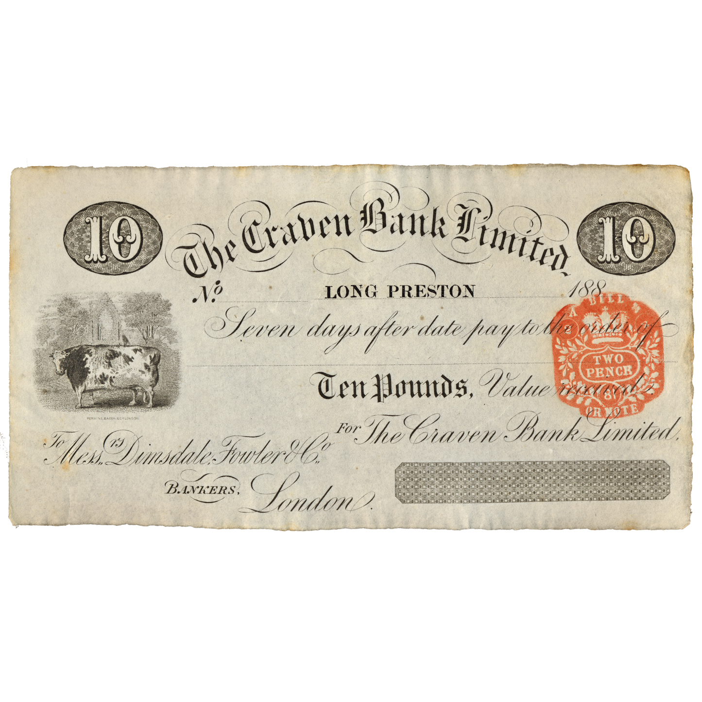 Craven Bank 188_ unissued £10 7 day sight bill UNC Outing 366a for bank