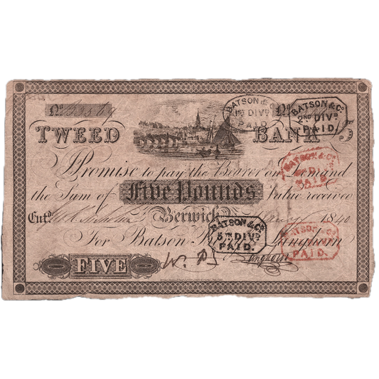 Tweed Bank Berwick on Tweed 1840 £5 banknote Outing 127c