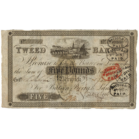 Tweed Bank Berwick on Tweed 1840 £5 banknote Outing 127c