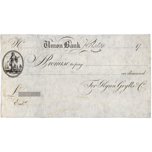 Union Bank Cornwall Helston 17-- proof promissory note Outing 922