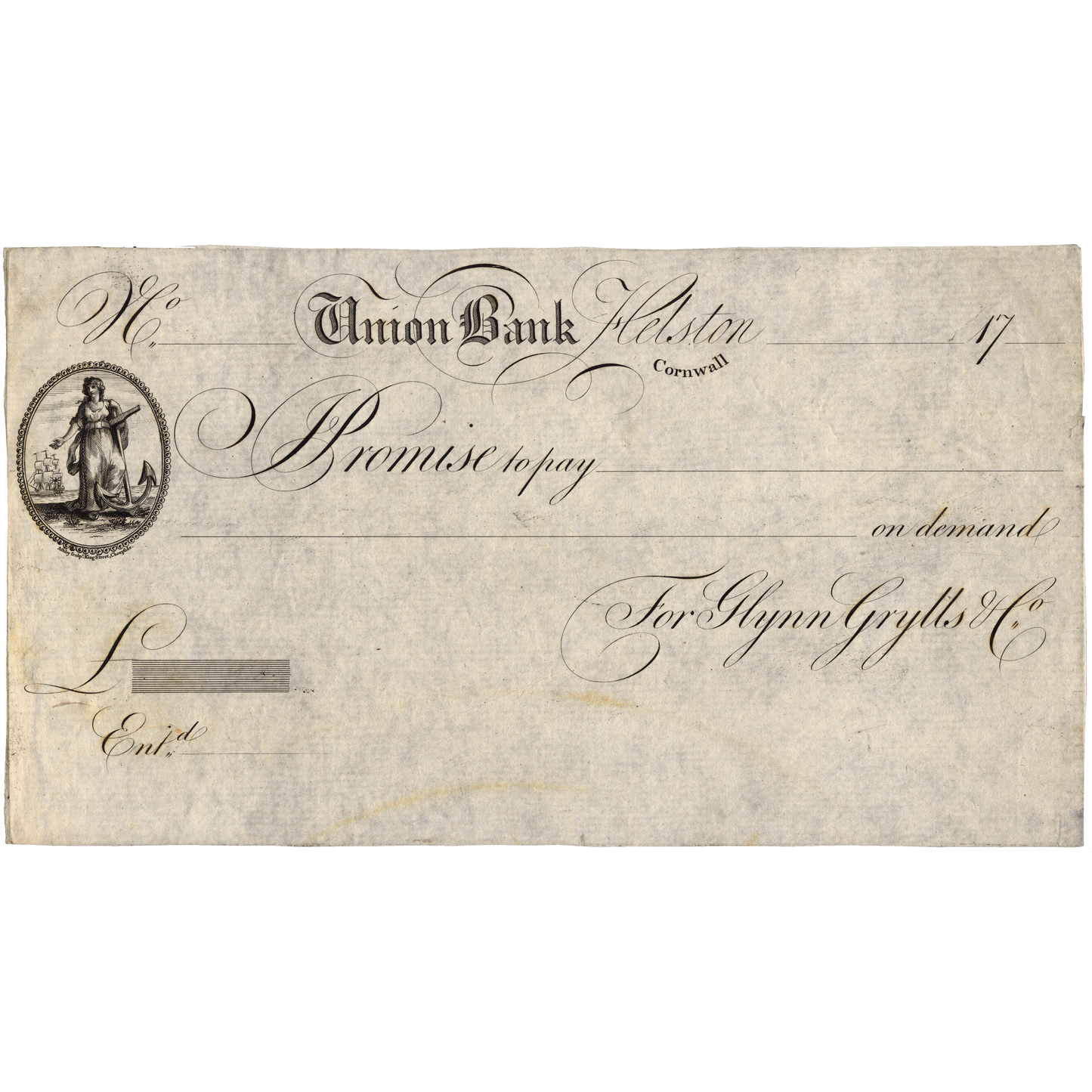 Union Bank Cornwall Helston 17-- proof promissory note Outing 922