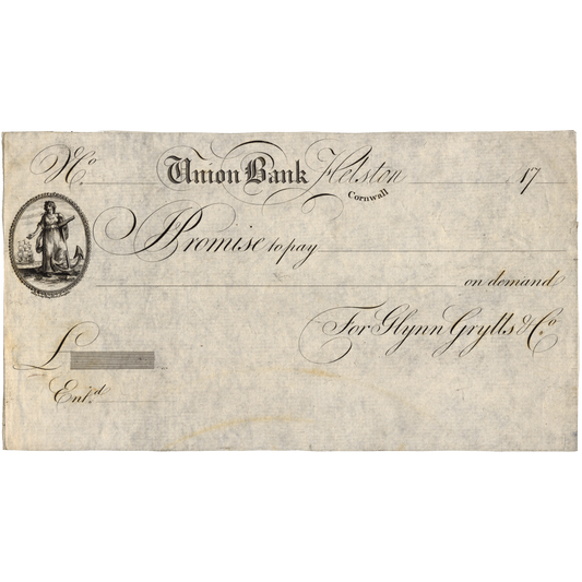 Union Bank Cornwall Helston 17-- proof promissory note Outing 922