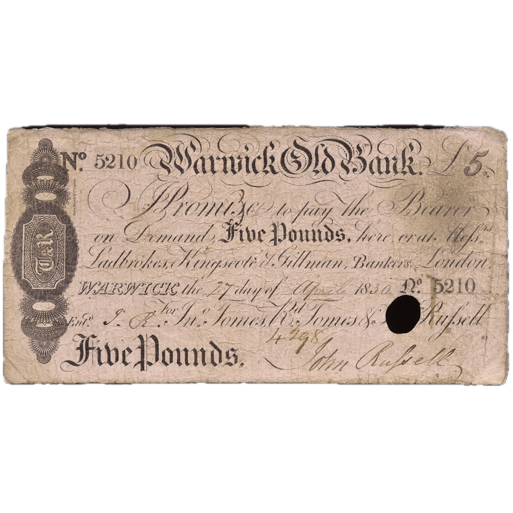 Warwickshire Old Bank 1830 £5 banknote Outing 2280f