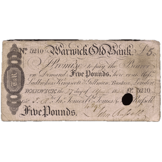 Warwickshire Old Bank 1830 £5 banknote Outing 2280f