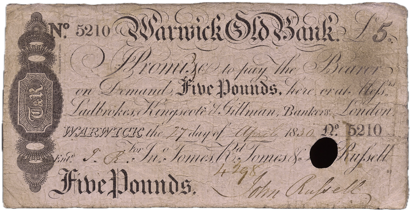 Warwickshire Old Bank 1830 £5 banknote Outing 2280f
