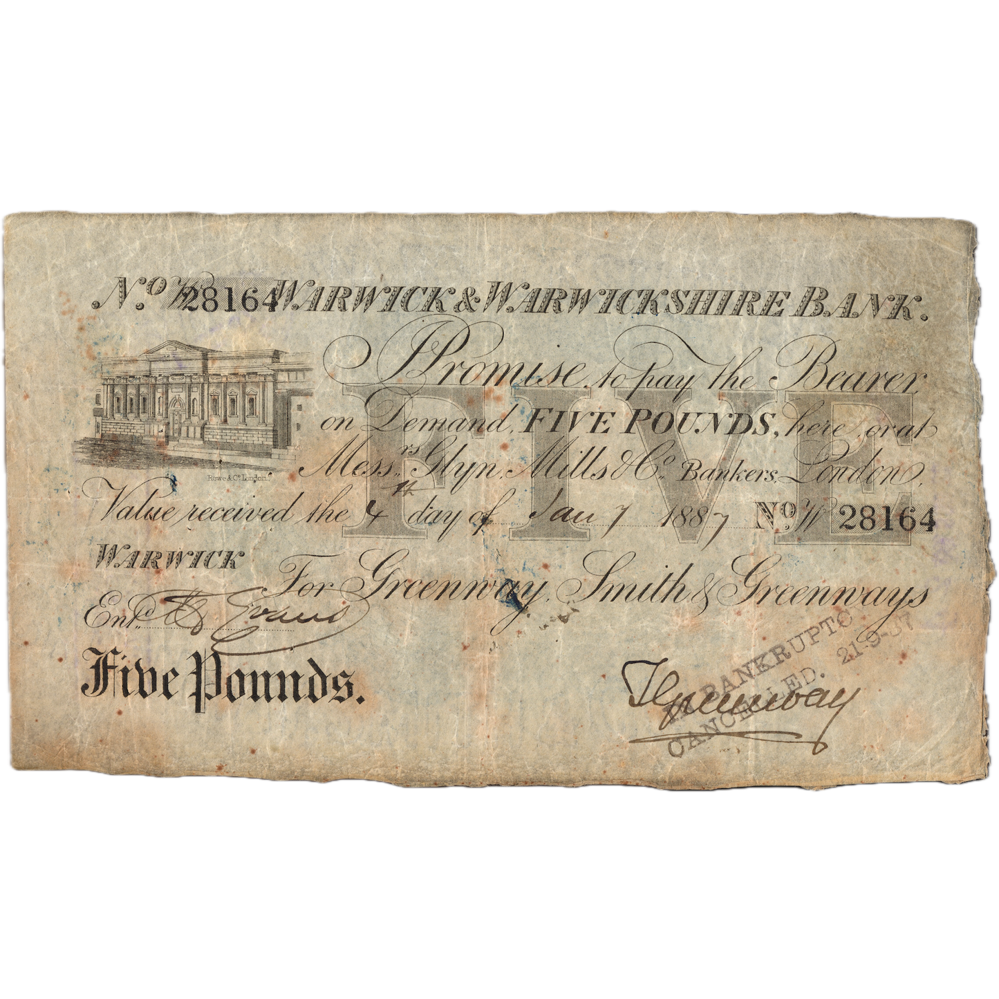 Warwick & Warwickshire Bank 1887 £5 banknote  Outing 2279e