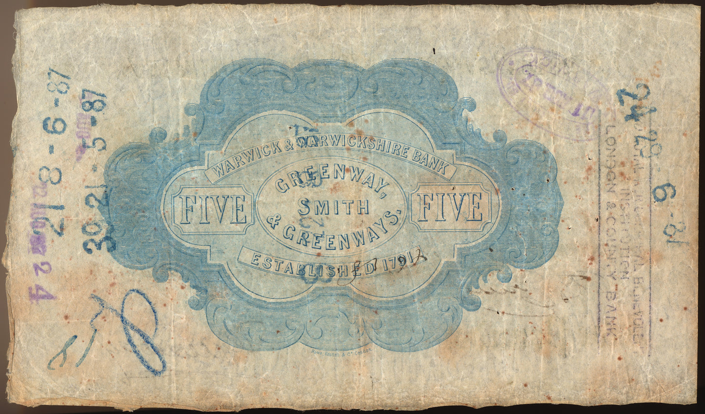 Warwick & Warwickshire Bank 1887 £5 banknote  Outing 2279e