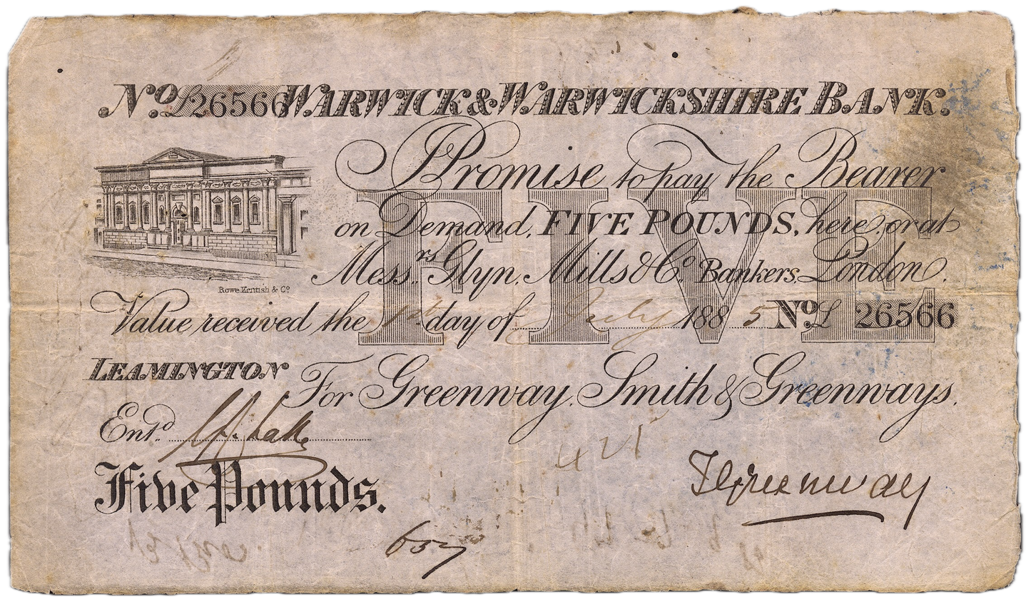 Warwick & Warwickshire Bank 1885 £5 banknote  Outing 2279e