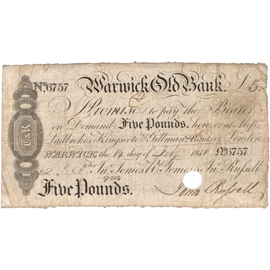 Warwickshire Old Bank 1831 £5 banknote Outing 2280f