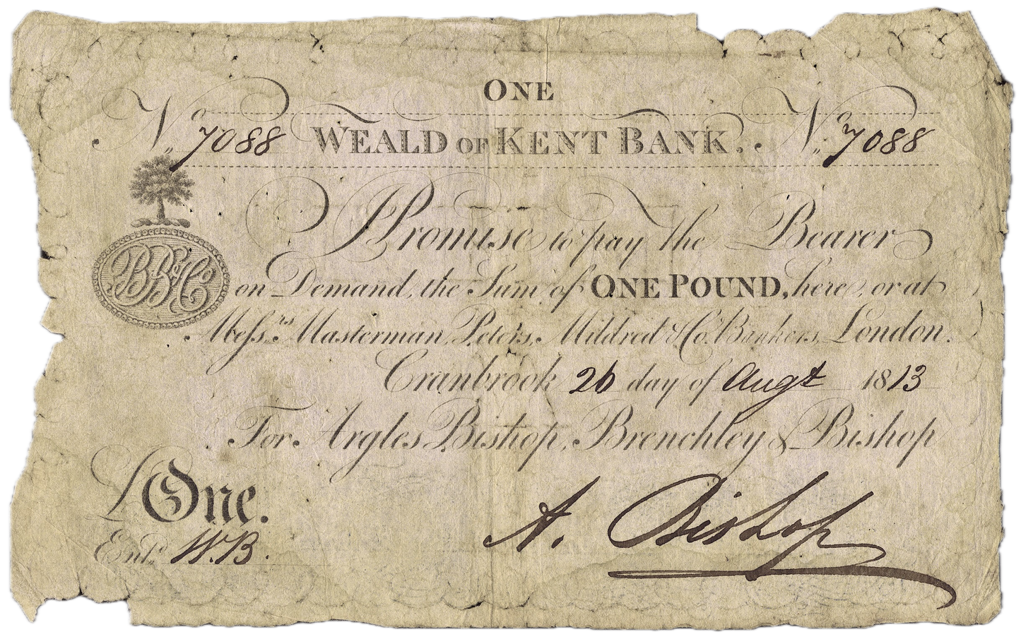 Weald of Kent Bank 1813 £1 banknote Outing 608a