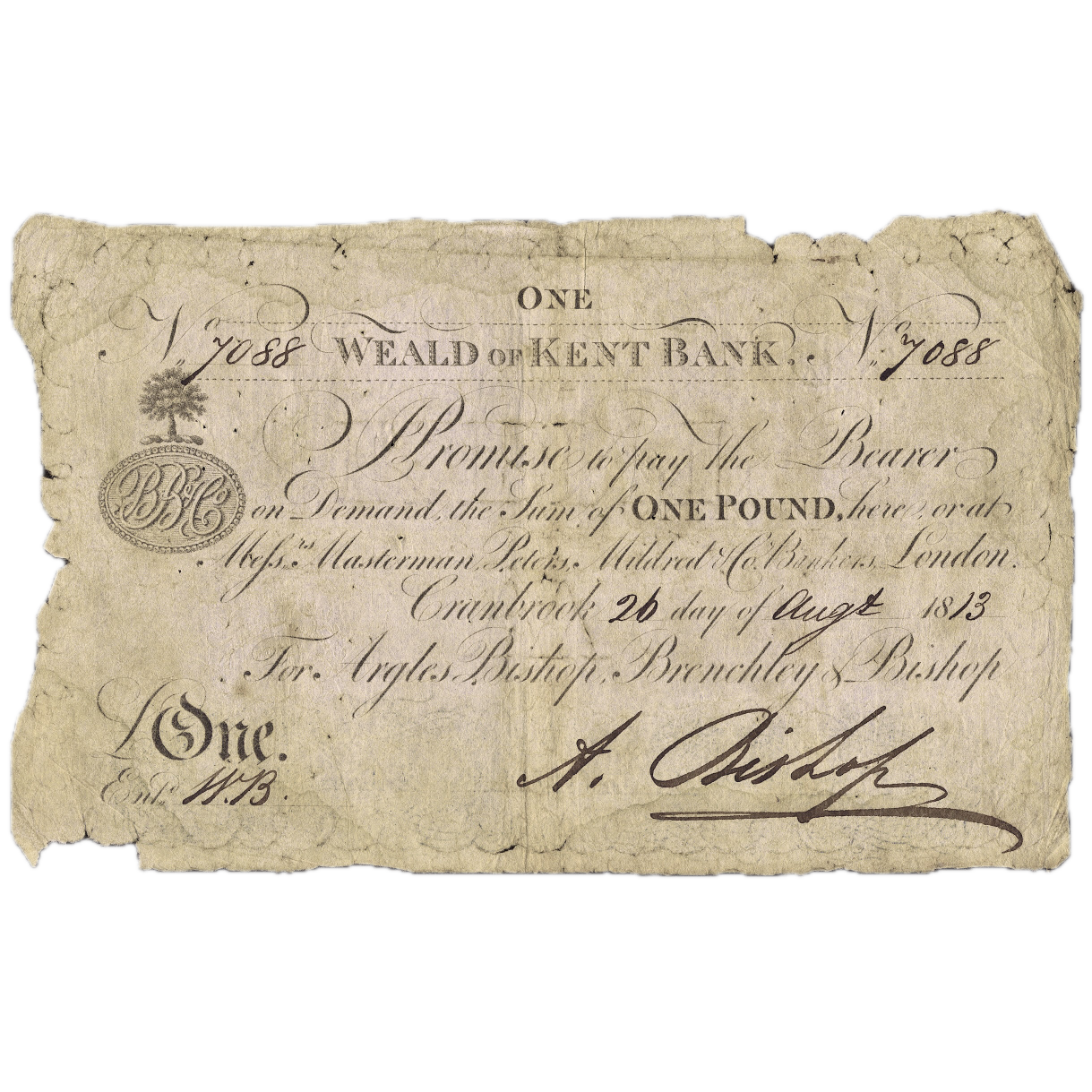 Weald of Kent Bank 1813 £1 banknote Outing 608a