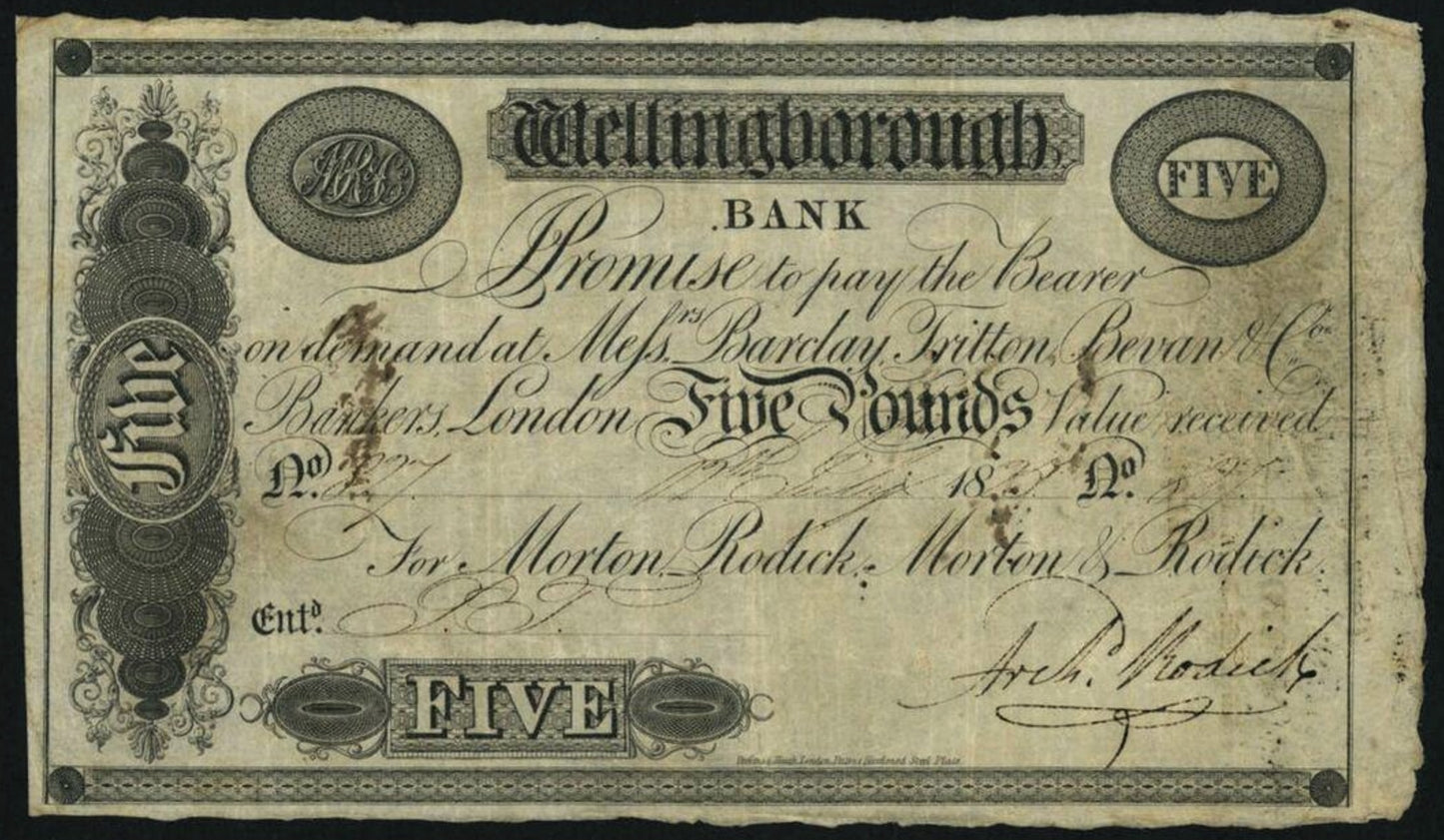 Wellingborough Bank 1825 £5 banknote GF Outing 2294f