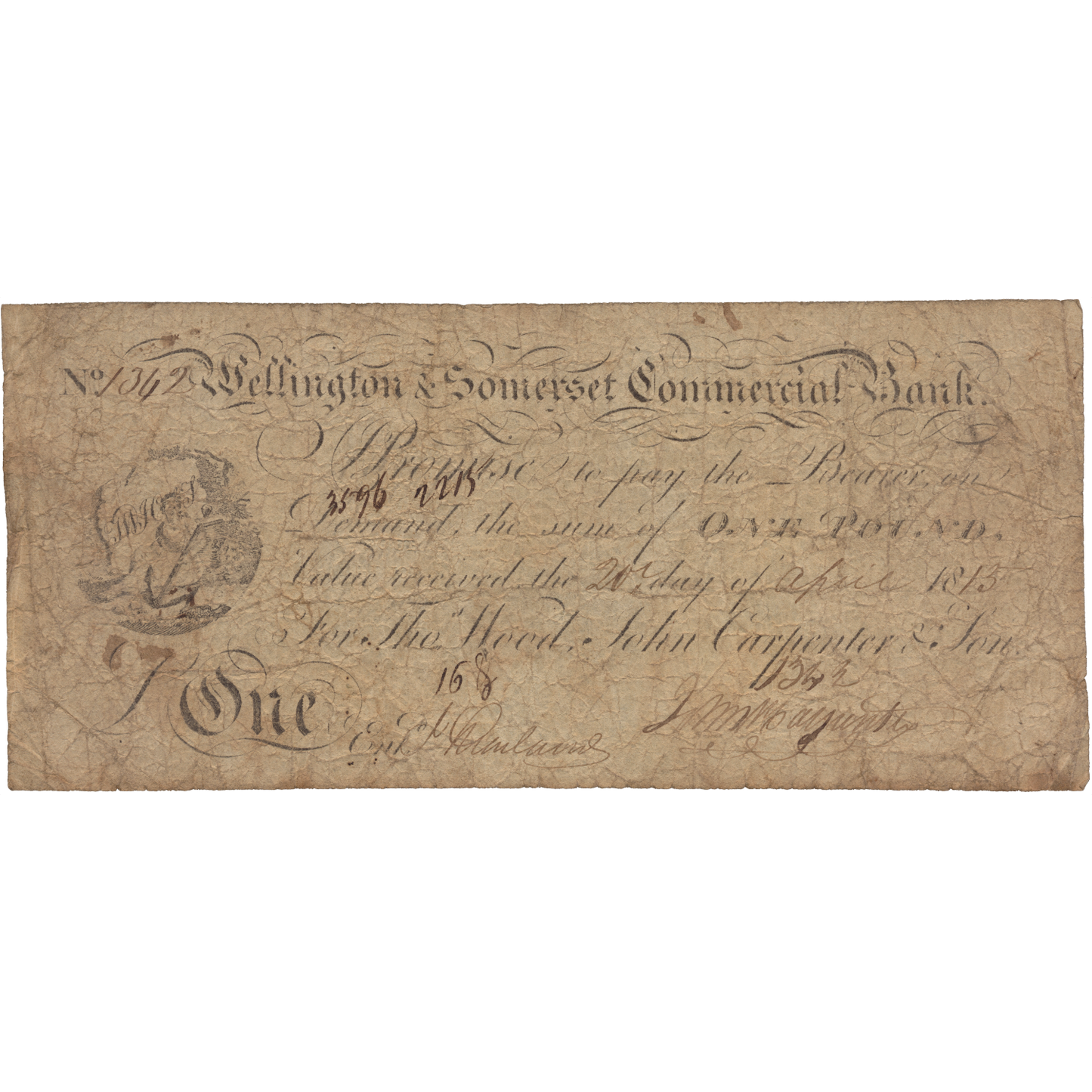 Wellington & Somerset Commercial Bank 1813 £1 banknote Outing 2308a