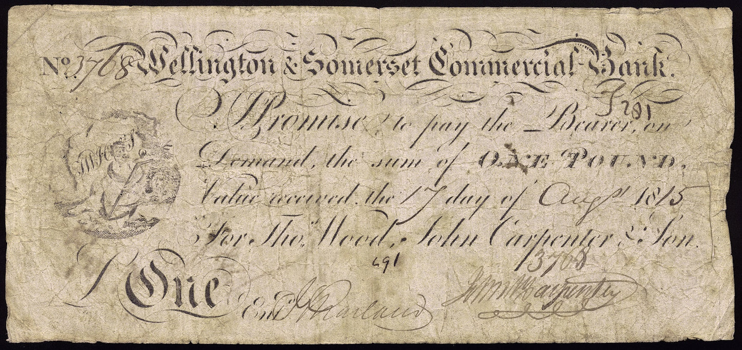 Wellington & Somerset Commercial Bank 1815 £1 banknote Outing 2308a