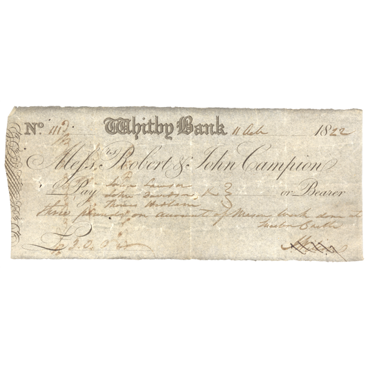 Whitby Bank 1822 £3 cheque VF Outing 2343a for style
