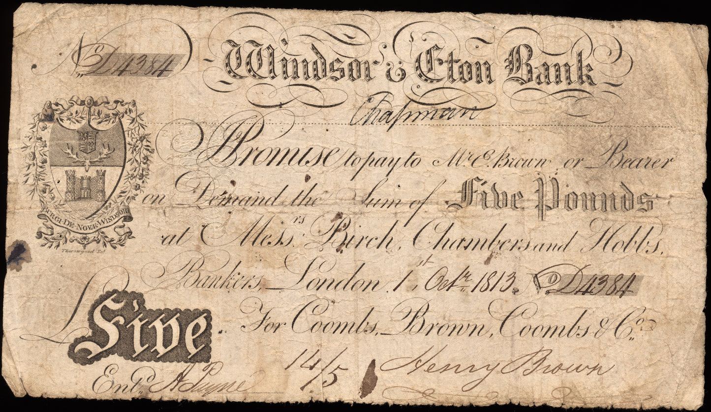 Windsor & Eton Bank 1813 £5 banknote Outing 2376g