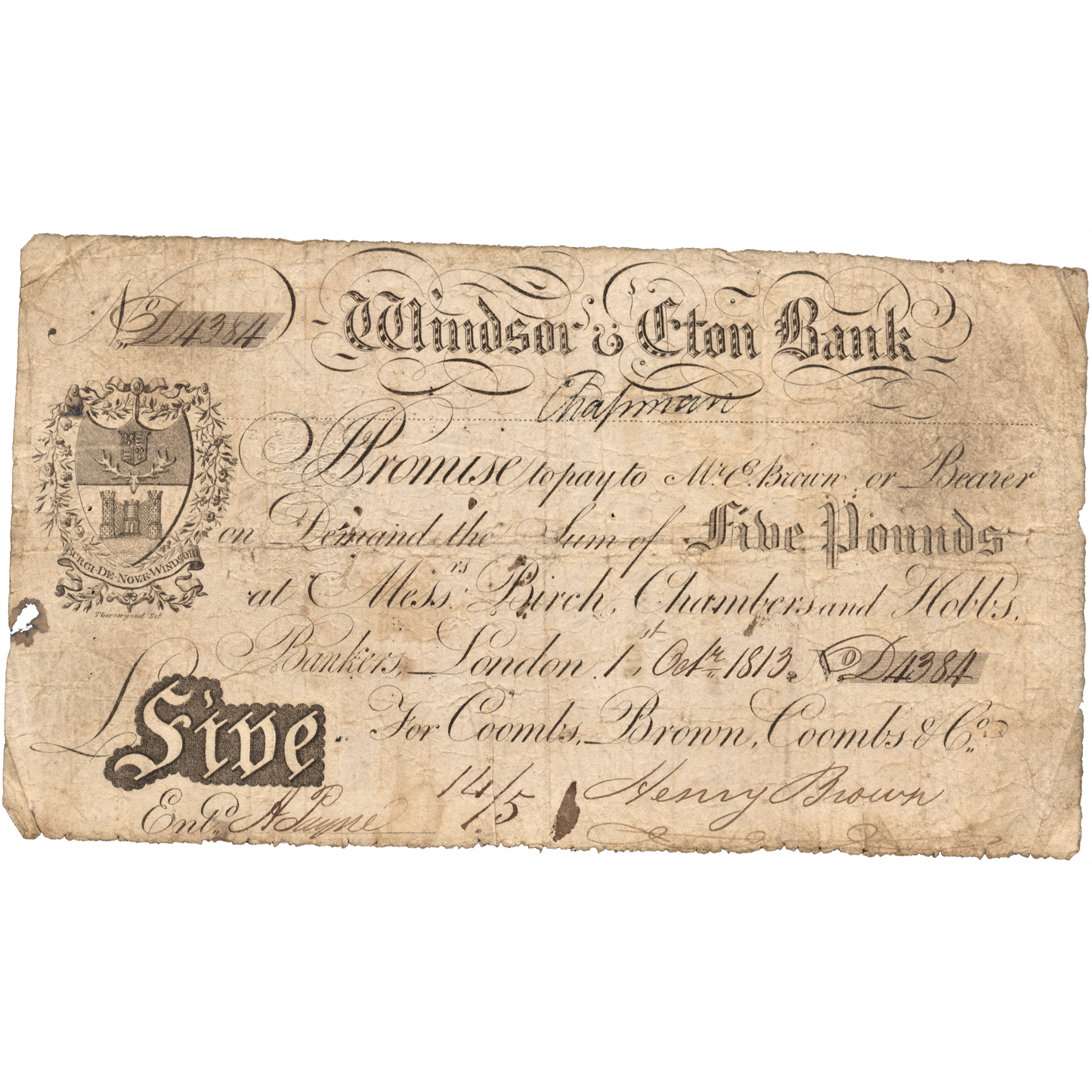 Windsor & Eton Bank 1813 £5 banknote Outing 2376g
