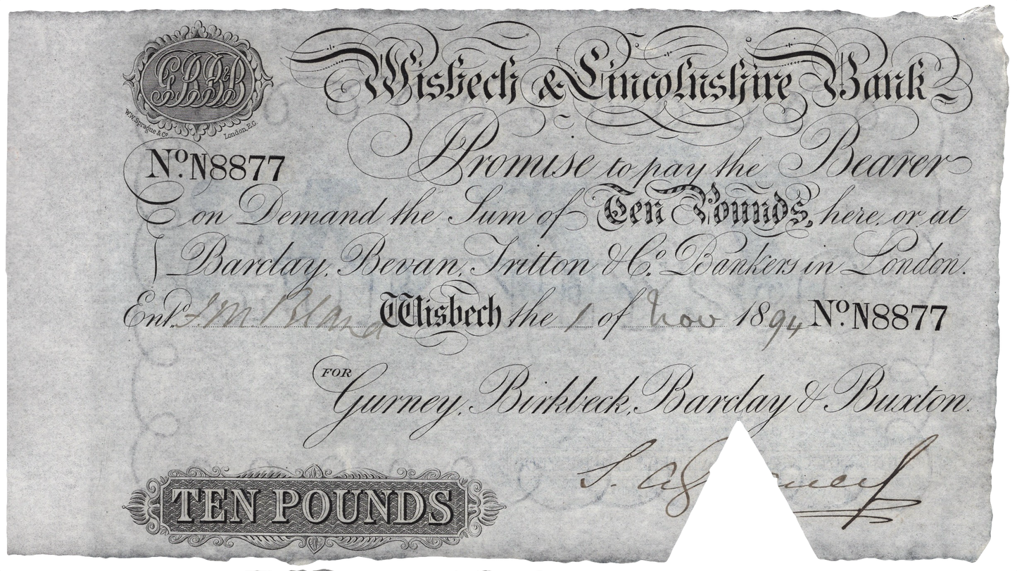 Wisbech & Lincolnshire Bank 1894 £10 banknote Outing 2382aa