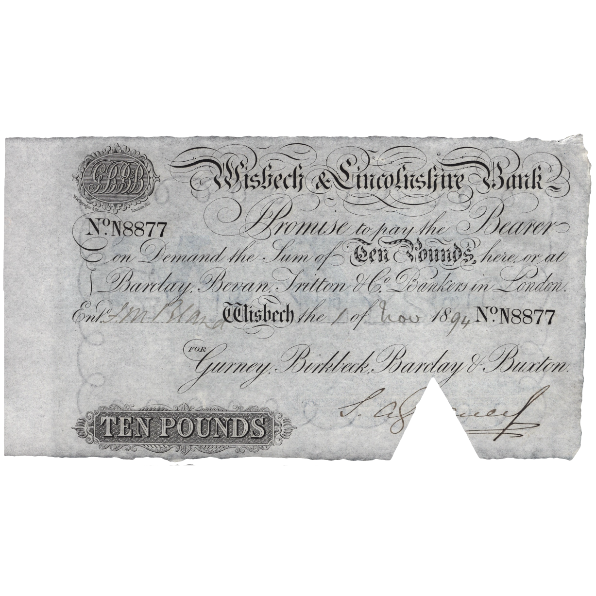 Wisbech & Lincolnshire Bank 1894 £10 banknote Outing 2382aa