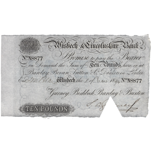 Wisbech & Lincolnshire Bank 1894 £10 banknote Outing 2382aa