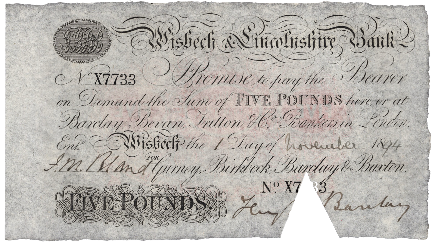 Wisbech & Lincolnshire Bank 1894 £5 banknote Outing 2382y