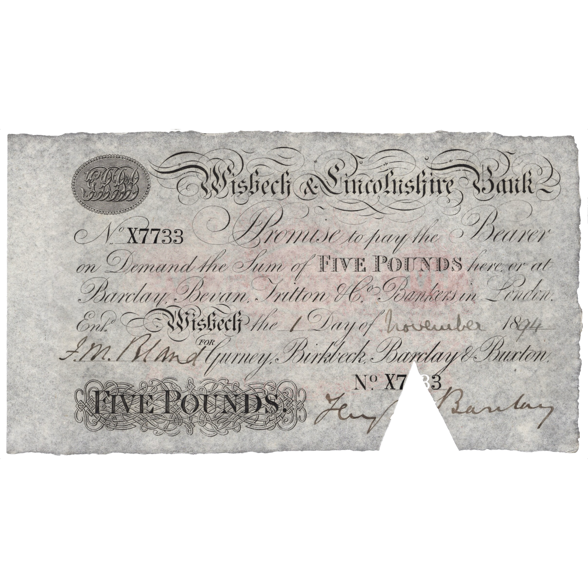 Wisbech & Lincolnshire Bank 1894 £5 banknote Outing 2382y