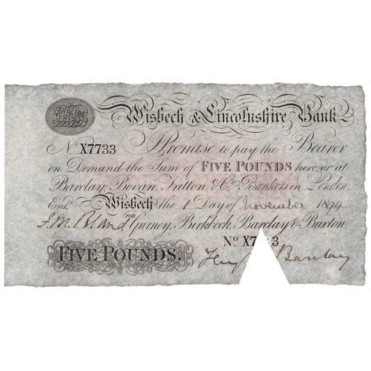Wisbech & Lincolnshire Bank 1894 £5 banknote Outing 2382y
