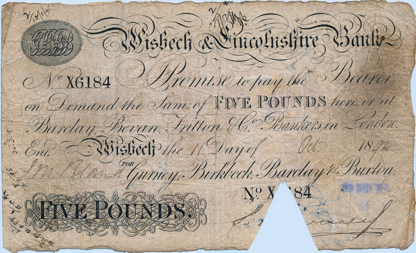 Wisbech & Lincolnshire Bank 1894 £5 banknote F Outing 2382y