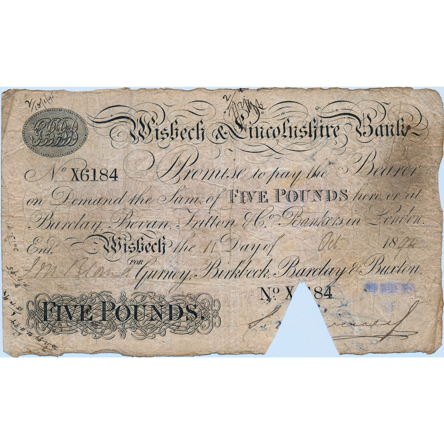 Wisbech & Lincolnshire Bank 1894 £5 banknote F Outing 2382y