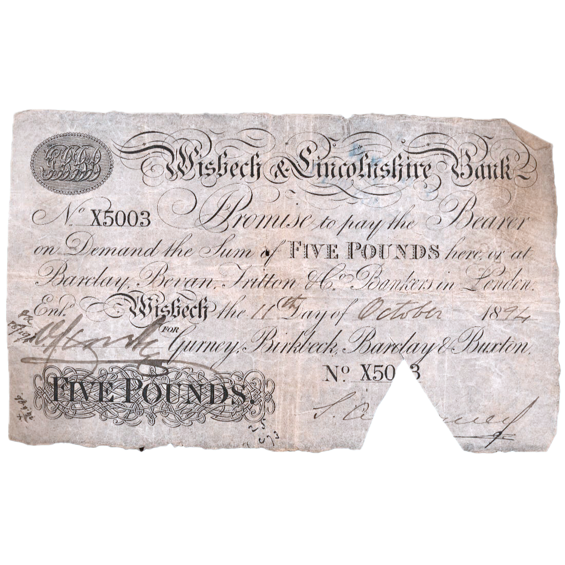 Wisbech & Lincolnshire Bank 1894 £5 banknote F Outing 2382y