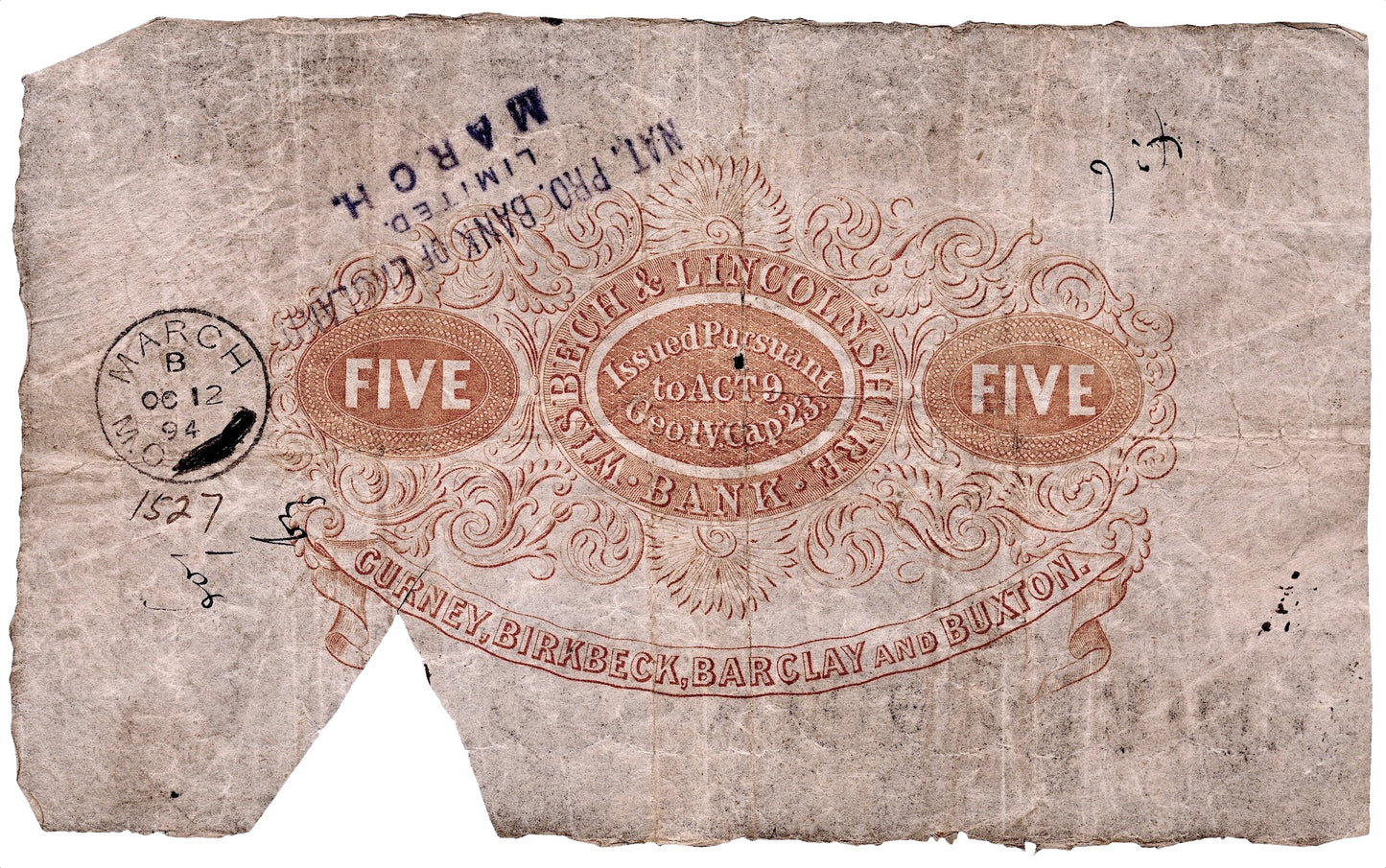 Wisbech & Lincolnshire Bank 1894 £5 banknote F Outing 2382y