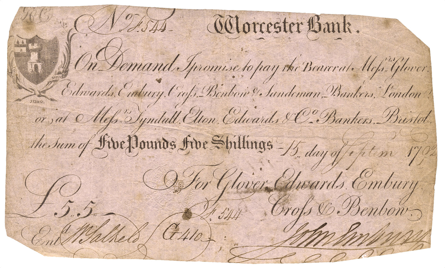 Worcester Bank 1792 5 guinea banknote Outing 2421a