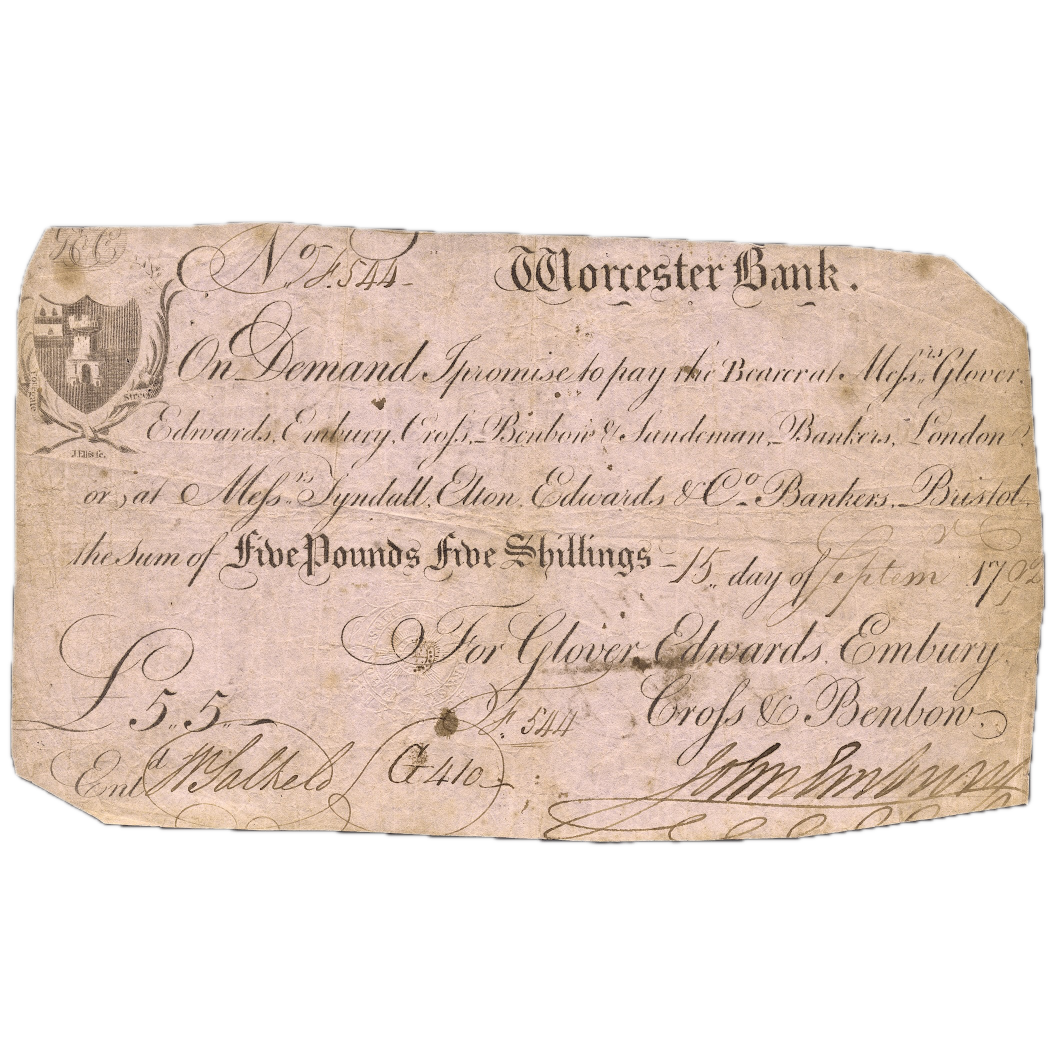 Worcester Bank 1792 5 guinea banknote Outing 2421a